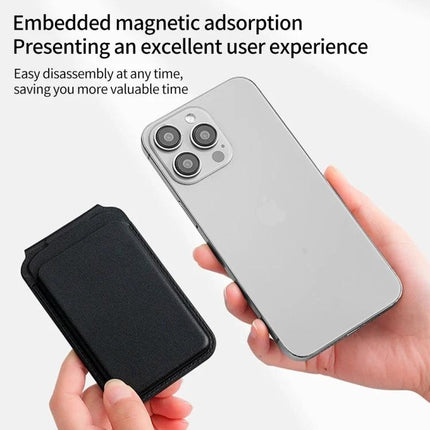MagSafe Wallet Card Holder with Adjustable Stand for Phones attached to a phone showing PU leather wallet and magnetic adsorption for hands-free viewing