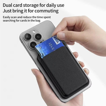 MagSafe Wallet Card Holder with Adjustable Stand for Phones attached to phone showing dual card storage and easy card access on the go