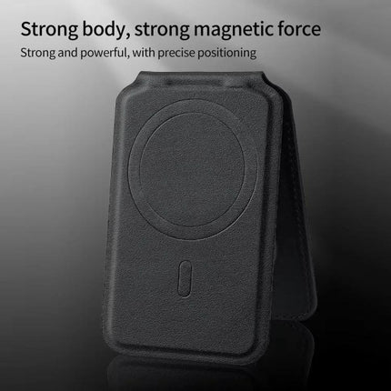 MagSafe Wallet Card Holder with Adjustable Stand for Phones in black PU leather showing magnetic ring and folded stand for hands-free viewing