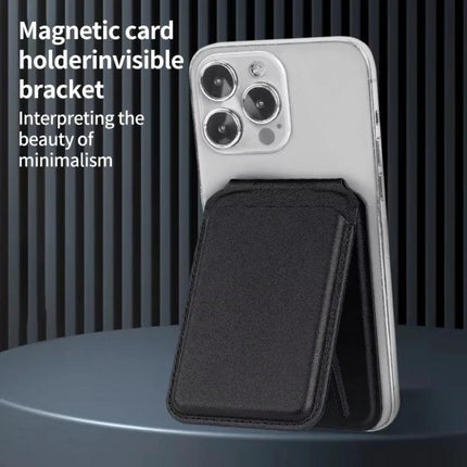 MagSafe Wallet Card Holder with Adjustable Stand for Phones attached to phone showing black PU leather card wallet and kickstand
