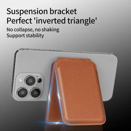 MagSafe Wallet Card Holder with Adjustable Stand for Phones attached to phone showing PU leather adjustable stand in inverted triangle for hands-free viewing