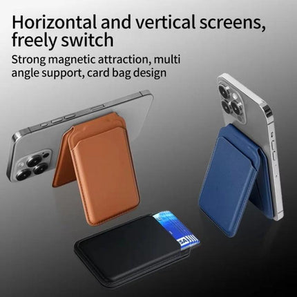 MagSafe Wallet Card Holder with Adjustable Stand for Phones attached to iPhone in brown and blue PU leather showing horizontal and vertical stand and card slot