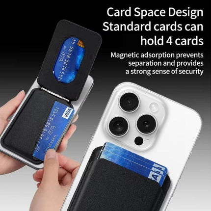 MagSafe Wallet Card Holder with Adjustable Stand for Phones showing PU leather wallet holding credit cards and acting as phone stand attached to iPhone
