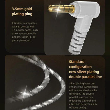QKZ Wired In-Ear Earphones With Mic For Commuting And Calls showing 3.5mm gold plug and silver-plated double wire 100%
