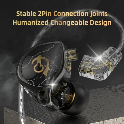 QKZ Wired In-Ear Earphones With Mic For Commuting And Calls showing transparent 2pin detachable earbud and cable joint