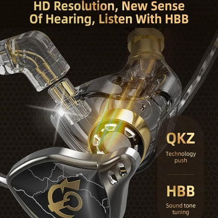 QKZ Wired In-Ear Earphones With Mic For Commuting And Calls showcasing transparent housing gold driver and silver-plated cable