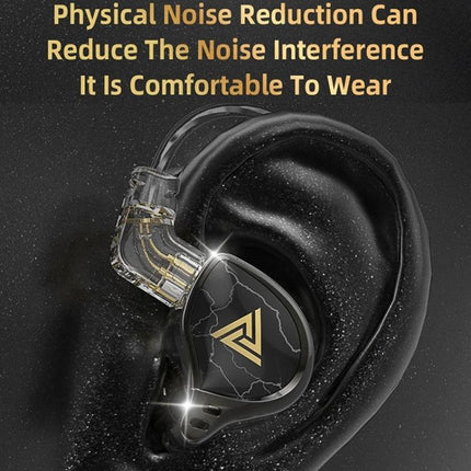 QKZ Wired In-Ear Earphones With Mic For Commuting And Calls black ergonomic earbud showing clear cable and gold logo