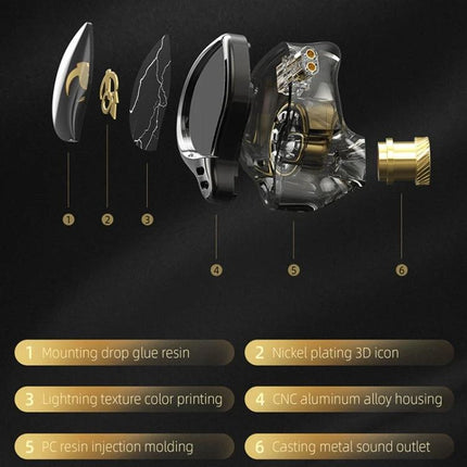 QKZ Wired In-Ear Earphones With Mic For Commuting And Calls exploded view showing drivers housing wiring and gold sound outlet