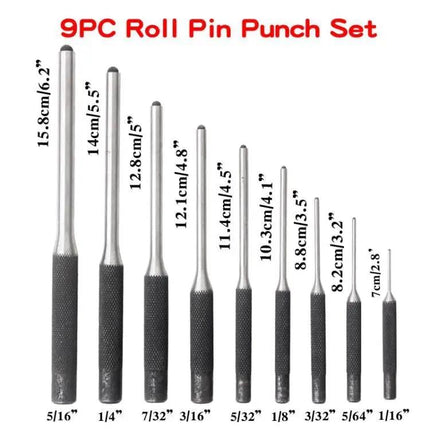 9-Piece Roll Pin Punch Set Heavy Duty HSS With Hammer | Syndmart