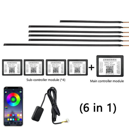 Car Hidden Acrylic RGB LED Ambient Light Strip For Interior Mood — 6-in-1 kit with six flexible strips, main + 4 sub-controllers, app control, remote, touch switch