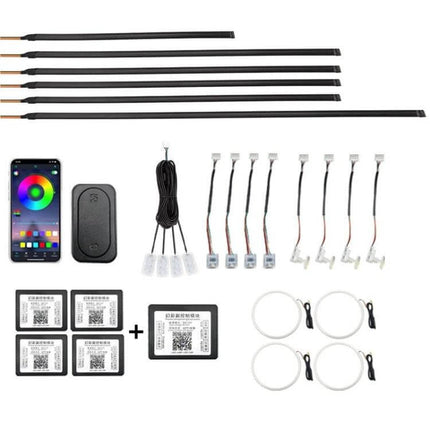 Car Hidden Acrylic RGB LED Ambient Light Strip For Interior Mood - kit with LED bars, controller, app, connectors, rings and adhesive sensors