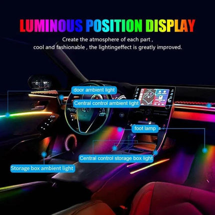 Car Hidden Acrylic RGB LED Ambient Light Strip For Interior Mood installed along dashboard, door panels and footwells creating multicolor ambient car interior lighting
