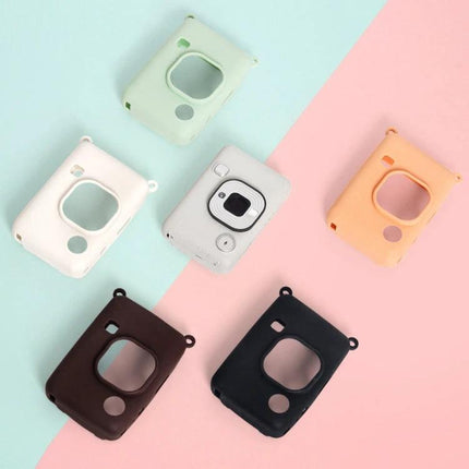 Soft Silicone Protective Case for FUJIFILM Instax Mini Liplay in multiple pastel colors displayed around a camera