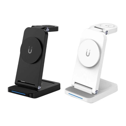 Versatile Folding Charger for Daily Device Needs at Home — black and white foldable wireless 3-device charging stand for phone earbuds smartwatch