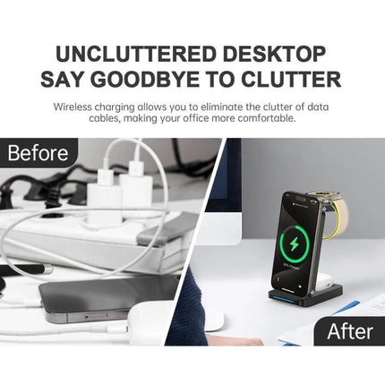 Versatile Folding Charger for Daily Device Needs at Home shown organizing a desk charging phone, earbuds and smartwatch to reduce clutter