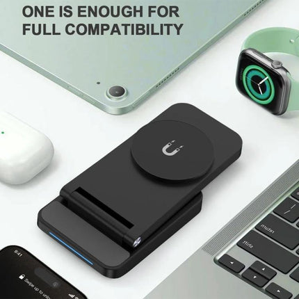 Versatile Folding Charger for Daily Device Needs at Home - black folding wireless charger charging phone, earbuds, and smartwatch on desk