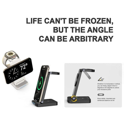 Versatile Folding Charger for Daily Device Needs at Home showing 3-device wireless charging stand with adjustable 0–65° angle for phone, earbuds and smartwatch