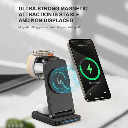 Versatile Folding Charger for Daily Device Needs at Home shown charging a phone, smartwatch, and earbuds on a compact foldable wireless stand