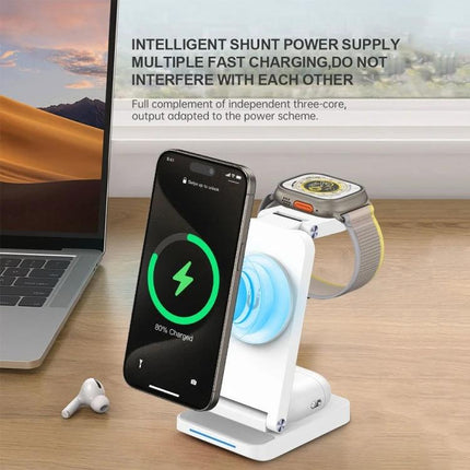 Versatile Folding Charger for Daily Device Needs at Home — 3-in-1 wireless stand charging phone, earbuds, and smartwatch on desk