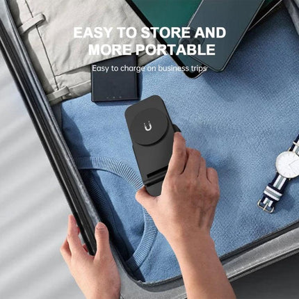 Versatile Folding Charger for Daily Device Needs at Home shown folded in a suitcase, charging phone earbuds and watch while traveling