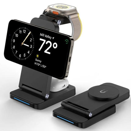 Versatile Folding Charger for Daily Device Needs at Home charging phone, smartwatch and earbuds on a sleek foldable wireless stand
