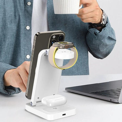 Versatile Folding Charger for Daily Device Needs at Home charging phone, earbuds, and smartwatch on a compact foldable wireless stand