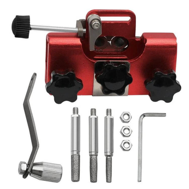 Portable Handheld Chain Saw Sharpener, Three-Head Grinding - compact red aluminum hand-cranked chain saw sharpener with three emery heads and accessories