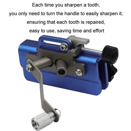 Portable Handheld Chain Saw Sharpener, Three-Head Grinding compact blue aluminum hand-cranked chain saw sharpener with three grinding heads