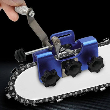 Portable Handheld Chain Saw Sharpener, Three-Head Grinding on chainsaw bar showing blue aluminum three-head emery grinder