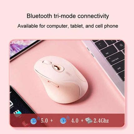 Inphic Rechargeable Wireless Mouse for Office and Gaming showing pink mouse on desk with laptop and Bluetooth tri-mode connectivity icons