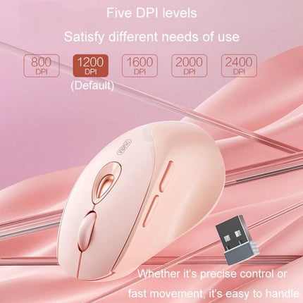Inphic Rechargeable Wireless Mouse for Office and Gaming in pink showing five DPI levels (800,1200,1600,2000,2400) and USB receiver