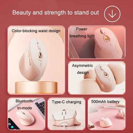 Inphic Rechargeable Wireless Mouse for Office and Gaming - pink Bluetooth tri-mode mouse, Type-C charging, 500mAh battery, low-noise asymmetric design