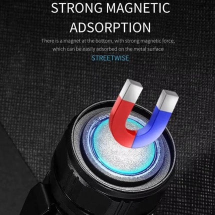 Compact Pen Clip Flashlight For Everyday Outdoor Use showing strong magnetic adsorption with glowing base and horseshoe magnet