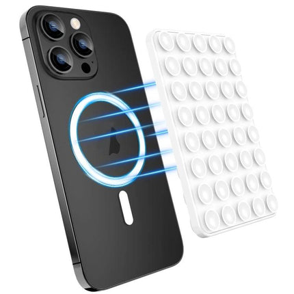 Magnetic Silicone Phone Stand for Hands-Free Surface Mounting on mirror or dashboard with suction cups aligning to phone magnets