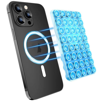 Magnetic Silicone Phone Stand for Hands-Free Surface Mounting shown attaching to phone MagSafe-ready back for hands-free viewing