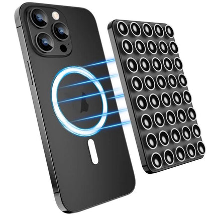 Magnetic Silicone Phone Stand for Hands-Free Surface Mounting showing suction-style magnetic pad aligning to smartphone back for dashboard or mirror use