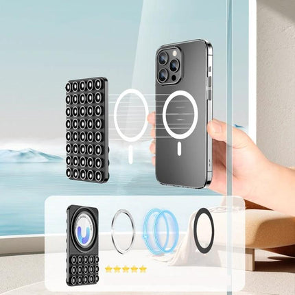 Magnetic Silicone Phone Stand for Hands-Free Surface Mounting on mirror or dashboard showing phone attached with magnetic silicone pad