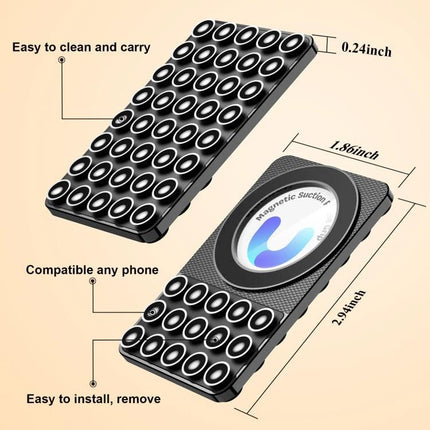 Magnetic Silicone Phone Stand for Hands-Free Surface Mounting showing black silicone suction pad, compact dimensions, and magnetic disk for mirror or dashboard mounting