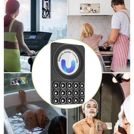 Magnetic Silicone Phone Stand for Hands-Free Surface Mounting shown mounted on mirror, dashboard and smooth surfaces for selfies and easy viewing