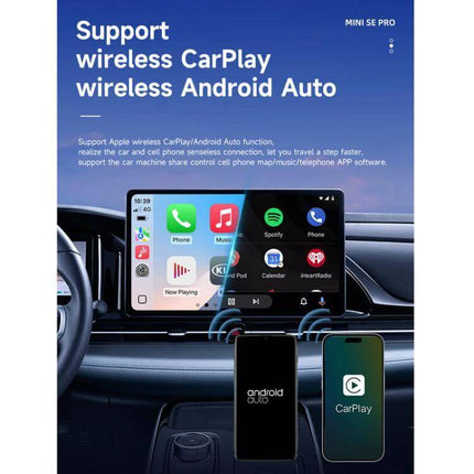 Carlinkit Dual-Channel Wireless CarPlay Adapter for In-Car Use showing dashboard display with wireless CarPlay and Android Auto pairing