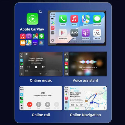 Carlinkit Dual-Channel Wireless CarPlay Adapter for In-Car Use showing Apple CarPlay home screen, music, voice assistant, calls and navigation
