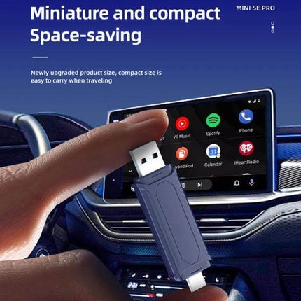 Carlinkit Dual-Channel Wireless CarPlay Adapter for In-Car Use showing compact USB dongle held in front of car infotainment screen