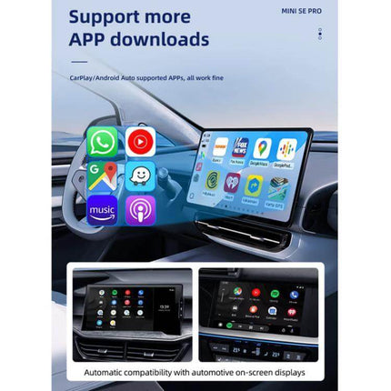 Carlinkit Dual-Channel Wireless CarPlay Adapter for In-Car Use showing car dashboard with wireless CarPlay apps on screen