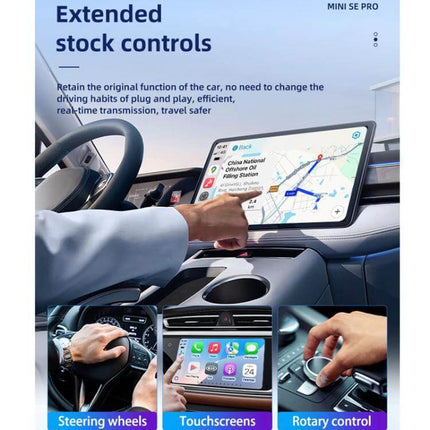 Carlinkit Dual-Channel Wireless CarPlay Adapter for In-Car Use shown plugged into car USB with touchscreen navigation and steering-wheel controls