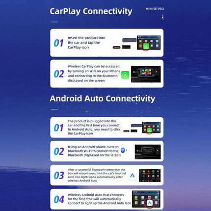 Carlinkit Dual-Channel Wireless CarPlay Adapter for In-Car Use showing step-by-step CarPlay and Android Auto wireless setup instructions