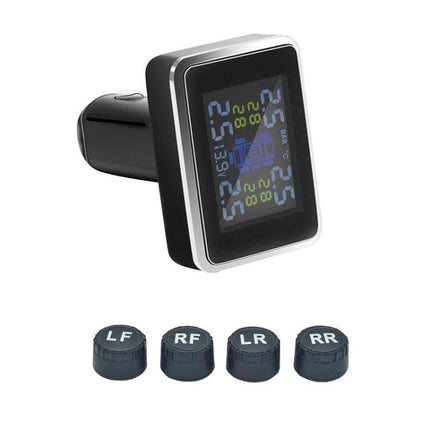 Essential Tire Pressure Monitor for Daily Driving and Road Trips — compact wireless display with four labeled tire sensors (LF RF LR RR) for real-time alerts