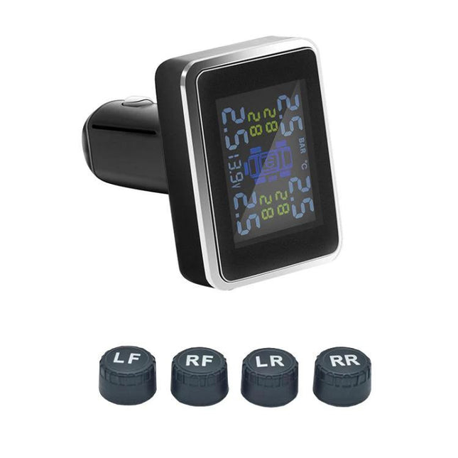 Essential Tire Pressure Monitor for Daily Driving and Road Trips — compact wireless display with four labeled tire sensors (LF RF LR RR) for real-time alerts