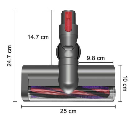 Direct Drive Brush Head for Dyson Vacuums and Floor Cleaning showing replacement brush head with dimensions (25cm x 24.7cm)