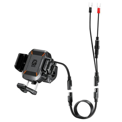 Kewig Outdoor Riding Phone Mount With Qi Wireless Charger mounted on bike with wired battery connector and protective rain cover