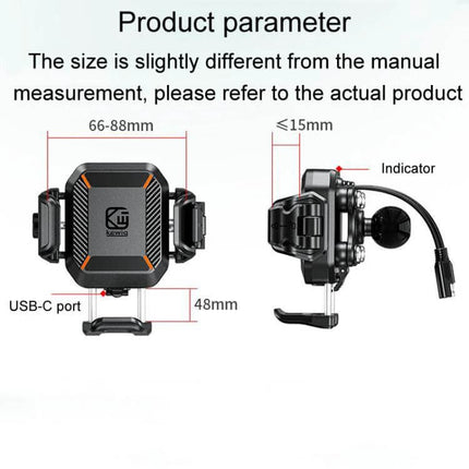 Kewig Outdoor Riding Phone Mount With Qi Wireless Charger showing dimensions, USB-C port, indicator and clamp for 5.4–7.2 inch phones